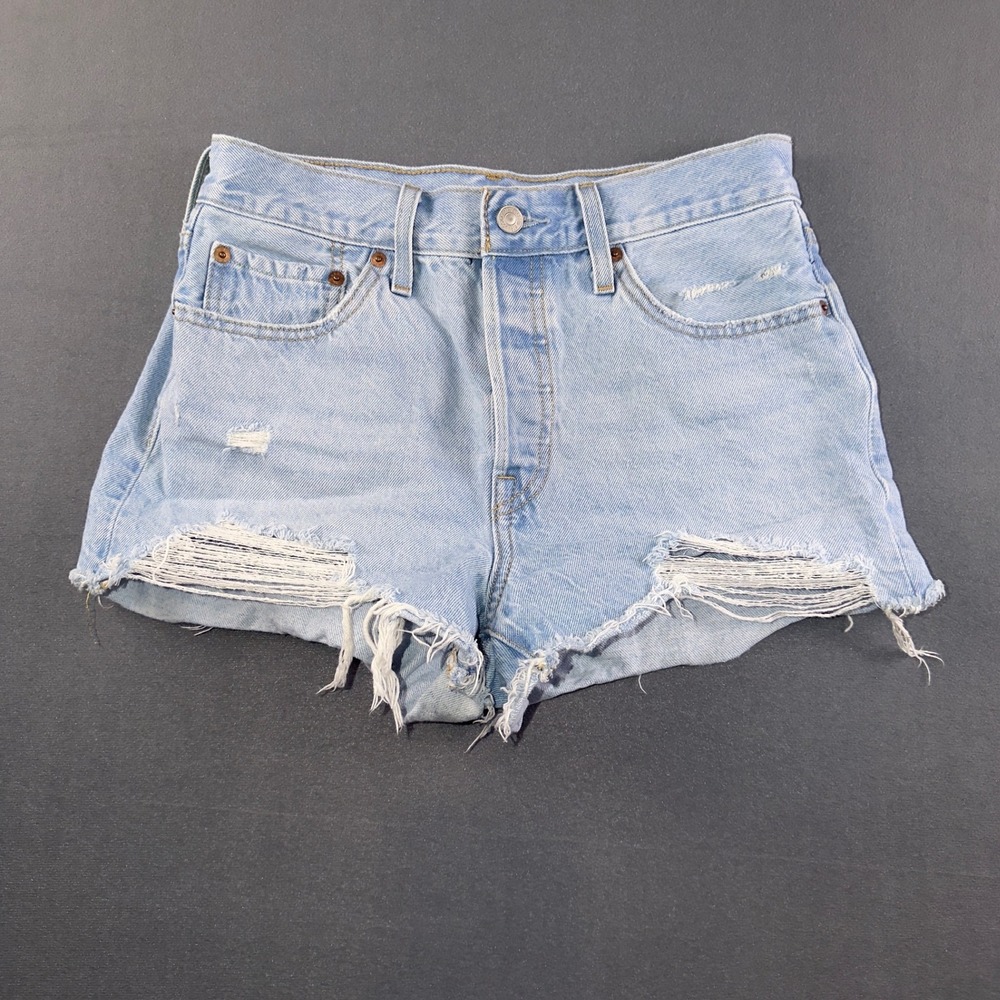 Levis 501 Original High Rise Distressed Denim Shorts Light Wash Blue W28
